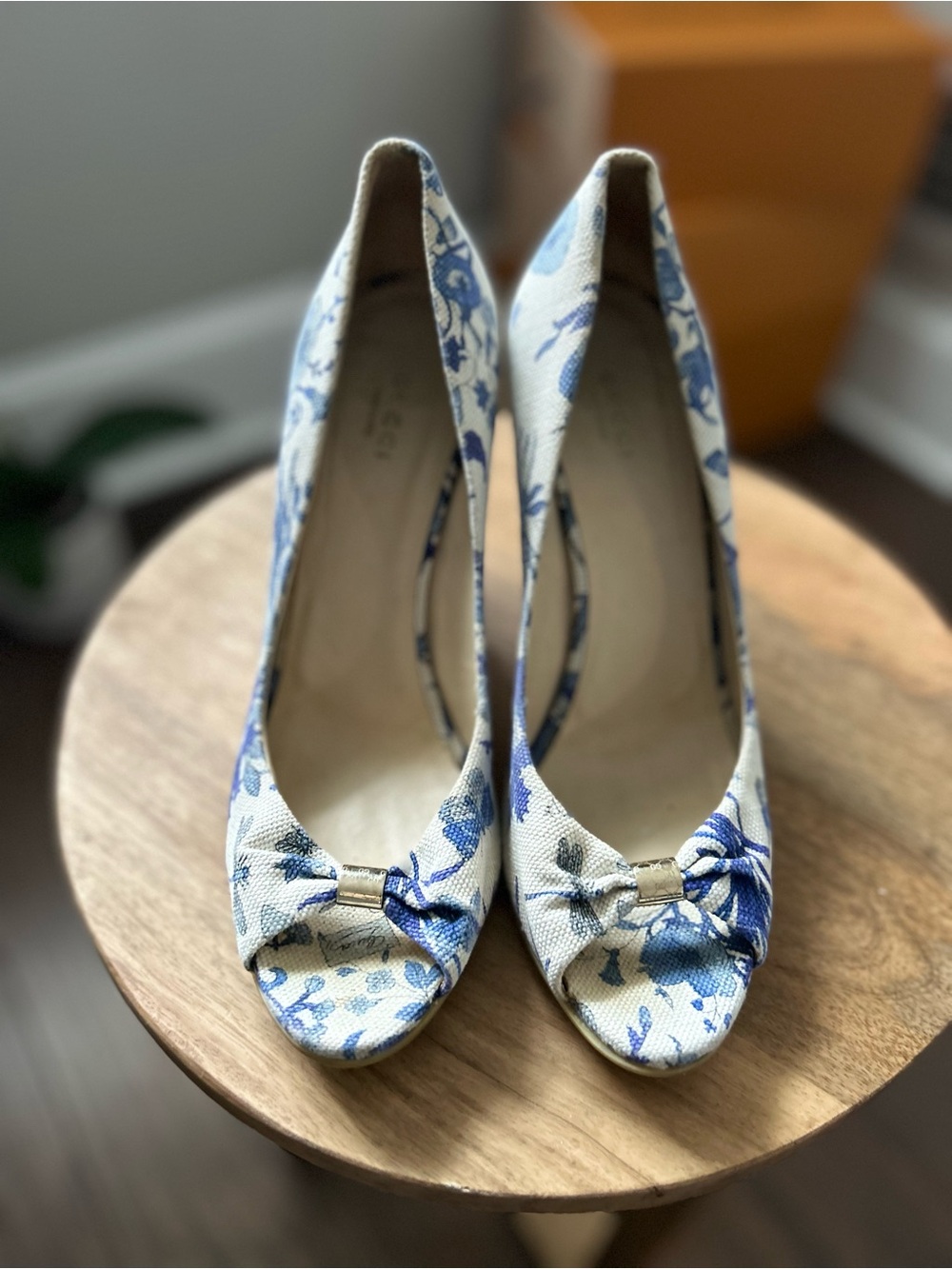 Gucci Blue and Cream Floral Peep-Toe Heels